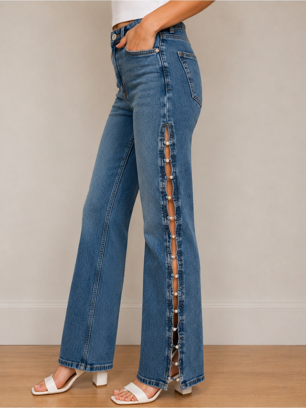 Maeve Blue Pearl-Side Wide-Leg Jeans